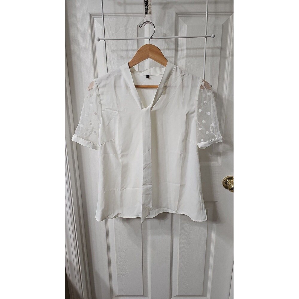 Goory White V-Neck Short Sleeve Blouse with Swiss Dot Mesh Sleeves Size L
